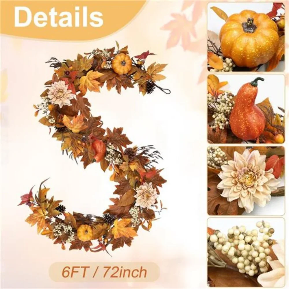 Fall Garland 6Ft Lifelike Autumn Maples Leaf Pumpkin Garland with Berries Pine
